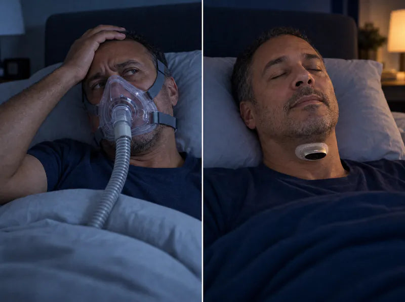 Left: a tired man struggling with a CPAP mask. Right: the same man asleep wearing the small Bilvita Pro device beneath his chin