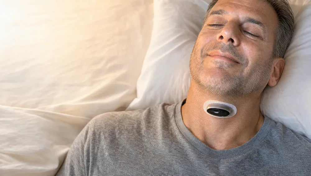 Man sleeping peacefully wearing the Bilvita Pro device beneath his chin